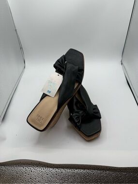 Time and Tru Knotted Black & Cork Wedge Sandals Square Toe Casual Chunky NWT 10